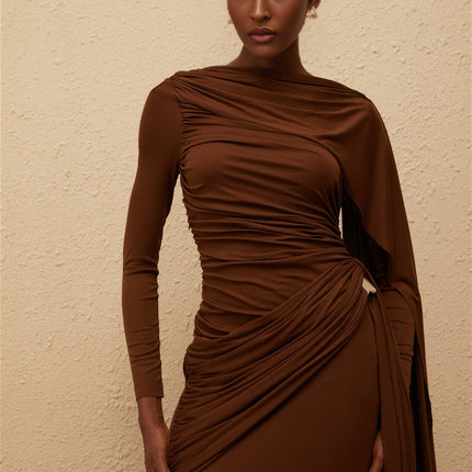 Pasqualina Maxi Dress in Brown Knit with Bateau Neck and Ruched Detailing