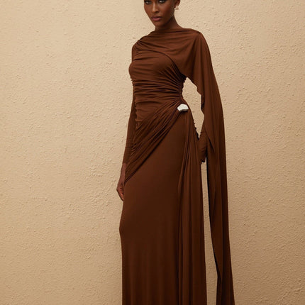 Pasqualina Maxi Dress Brown Knit Bateau Neck Long Sleeves Ruched Detailing Asymmetrical Ribbon Design Silver-tone Hardware Straight Hem Side Zip Fastening Maxi Length Tencel Spandex Comfort Style