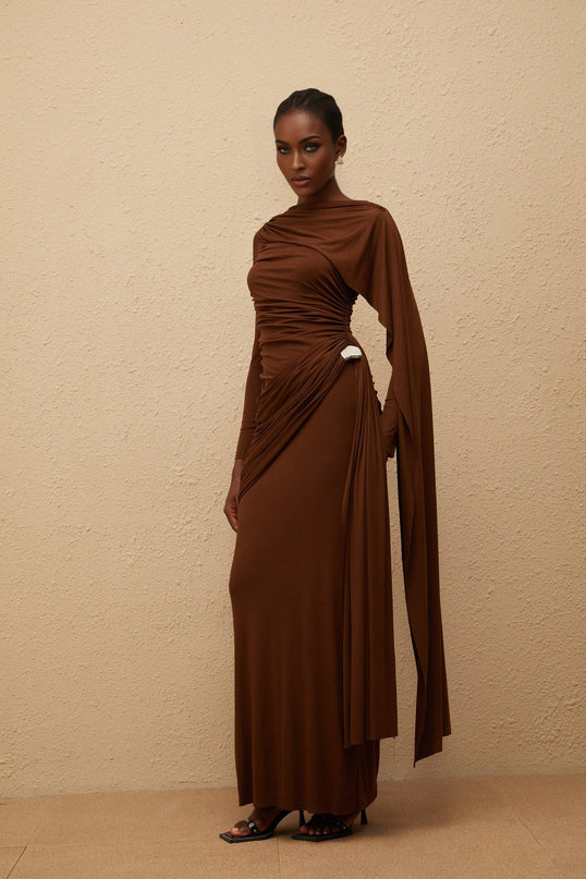 Pasqualina Maxi Dress Brown Knit Bateau Neck Long Sleeves Ruched Detailing Asymmetrical Ribbon Design Silver-tone Hardware Straight Hem Side Zip Fastening Maxi Length Tencel Spandex Comfort Style
