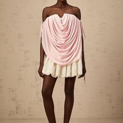 Pasqualina Pink Off-Shoulder Ruched Strapless Top Terylene Fiber
