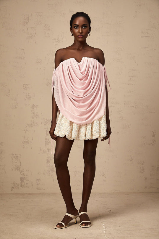 Pasqualina Pink Off-Shoulder Ruched Strapless Top Terylene Fiber