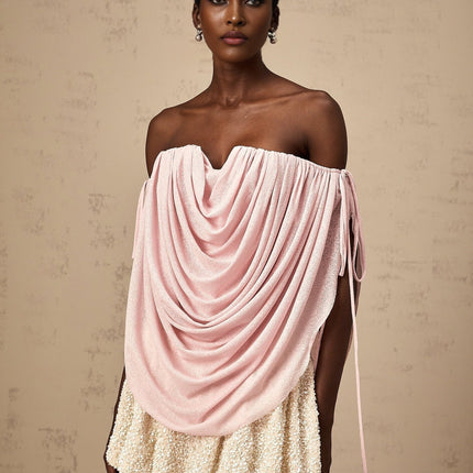 Pasqualina Pink Off-Shoulder Ruched Strapless Top Terylene Fiber