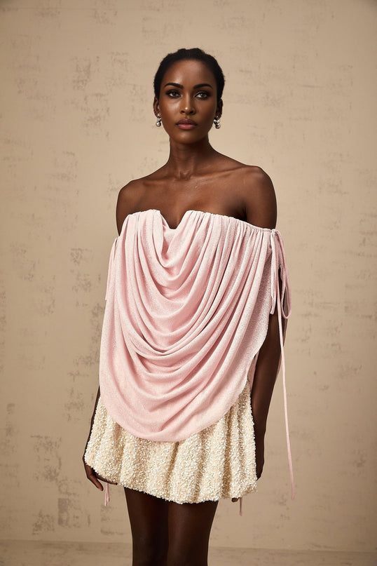 Pasqualina Pink Off-Shoulder Ruched Strapless Top Terylene Fiber