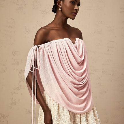Pasqualina Pink Off-Shoulder Ruched Strapless Top Terylene Fiber