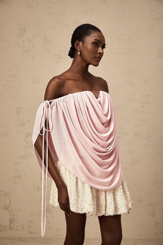 Pasqualina Pink Off-Shoulder Ruched Strapless Top Terylene Fiber