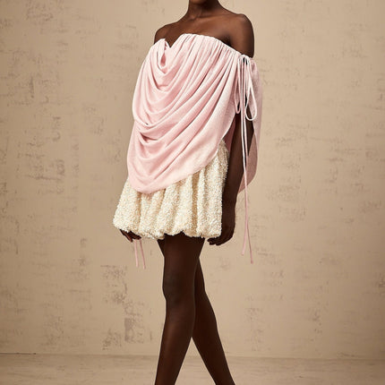 Pasqualina Pink Off-Shoulder Ruched Strapless Top Terylene Fiber