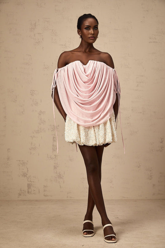 Pasqualina Pink Off-Shoulder Ruched Strapless Top