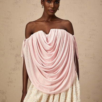 Pasqualina Pink Off-Shoulder Ruched Strapless Top