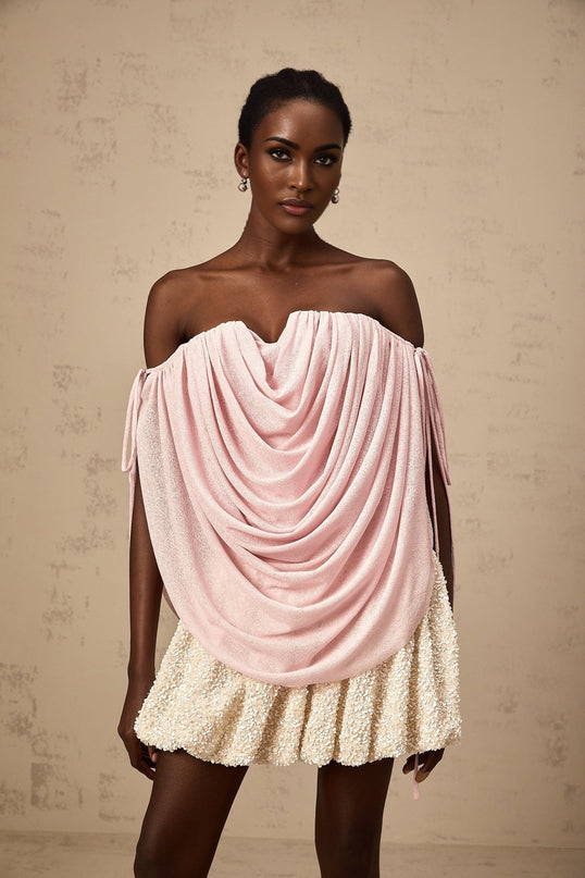 Pasqualina Pink Off-Shoulder Ruched Strapless Top