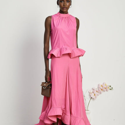 Pasqualina Pink Ruffled Pleated Top and Skirt Set