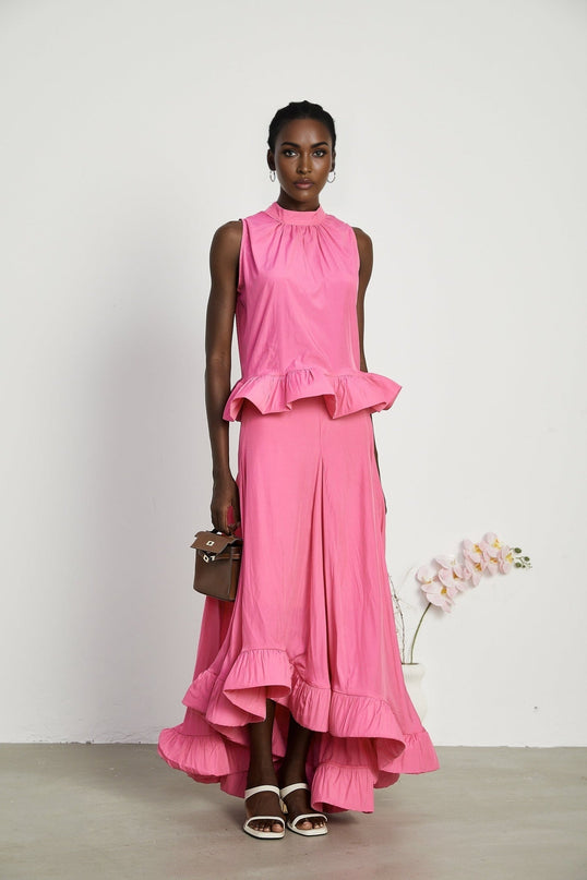 Pasqualina Pink Ruffled Pleated Top and Skirt Set