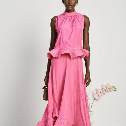 Pasqualina Pink Ruffled Pleated Top and Skirt Set