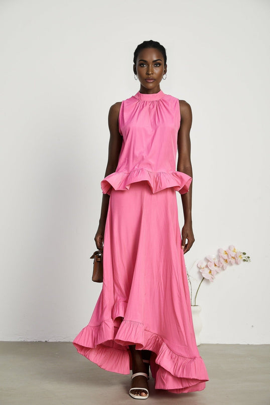 Pasqualina Pink Ruffled Pleated Top and Skirt Set