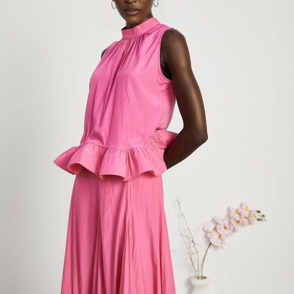 Pasqualina Pink Ruffled Pleated Top and Skirt Set