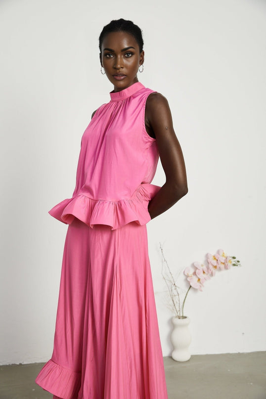 Pasqualina Pink Ruffled Pleated Top and Skirt Set