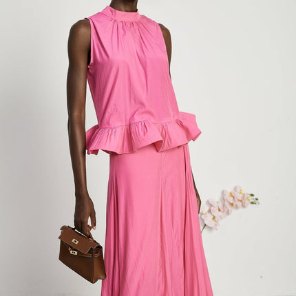 Pasqualina Pink Ruffled Pleated Top and Skirt Set