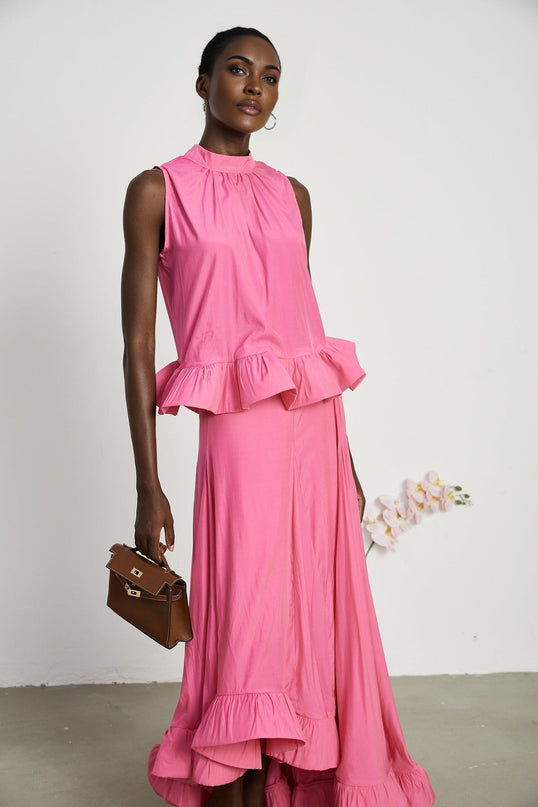 Pasqualina Pink Ruffled Pleated Top and Skirt Set