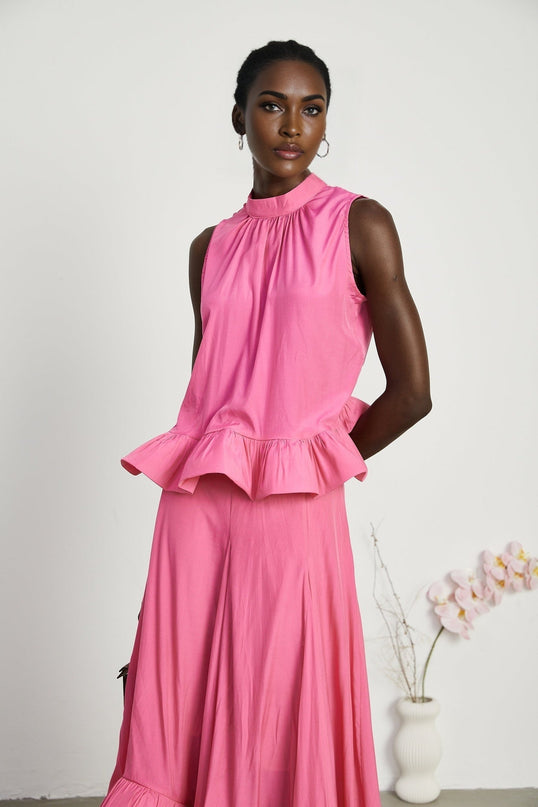 Pasqualina Pink Ruffled Pleated Top and Skirt Set
