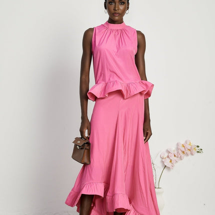 Pasqualina Pink Ruffled Pleated Top and Skirt Set