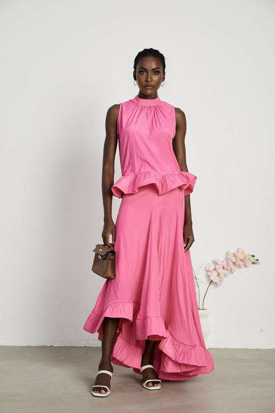 Pasqualina Pink Ruffled Pleated Top and Skirt Set