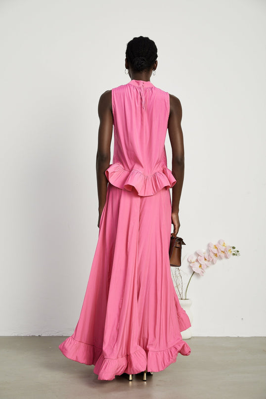 Pasqualina Pink Ruffled Pleated Top and Skirt Set