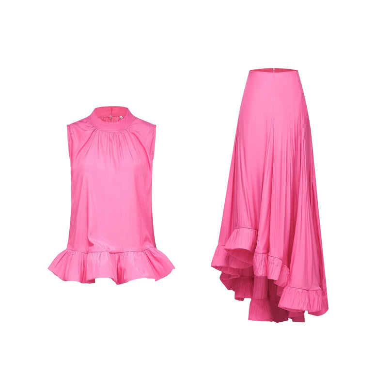 Pasqualina Pink Ruffled Pleated Top Skirt Set