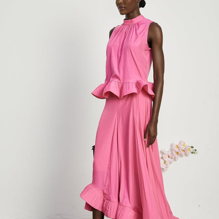 Pasqualina Pink Ruffled Pleated Top Skirt Set