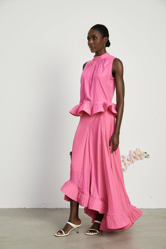 Pasqualina Pink Ruffled Pleated Top Skirt Set