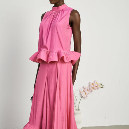 Pasqualina Pink Ruffled Pleated Top Skirt Set