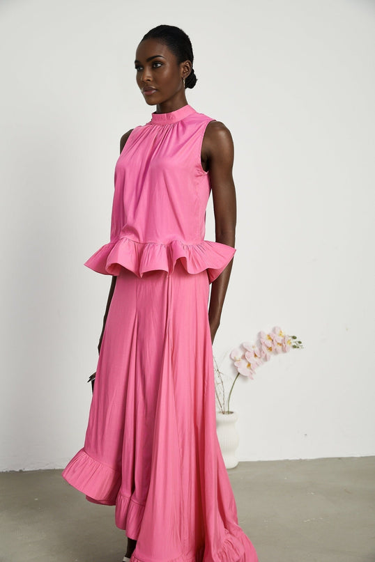 Pasqualina Pink Ruffled Pleated Top Skirt Set
