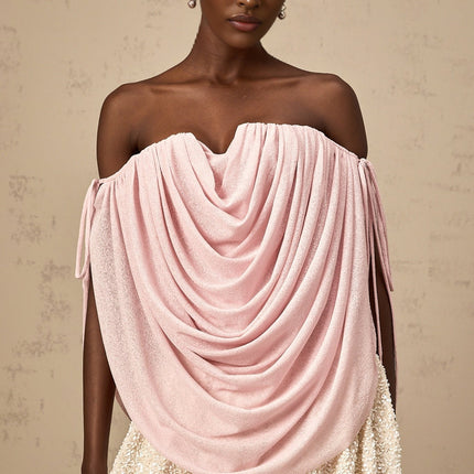 Pasqualina Pink Off-Shoulder Ruched Strapless Top Terylene Fiber