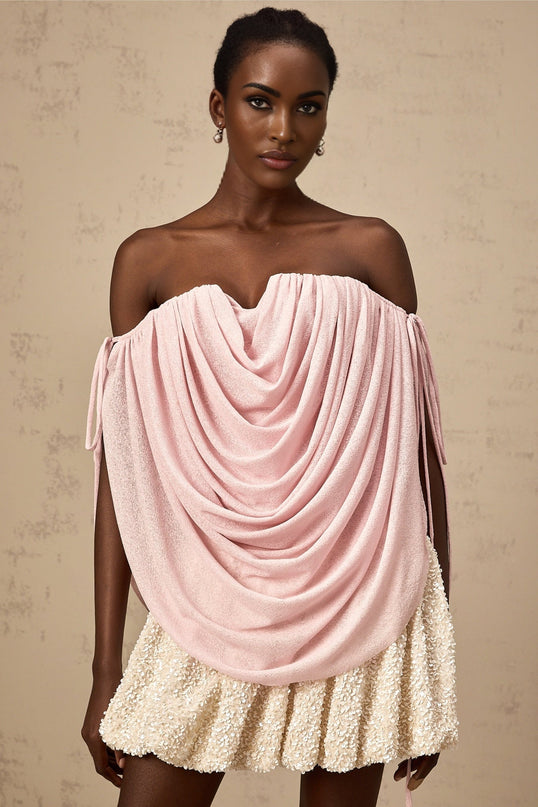 Pasqualina Pink Off-Shoulder Ruched Strapless Top Terylene Fiber
