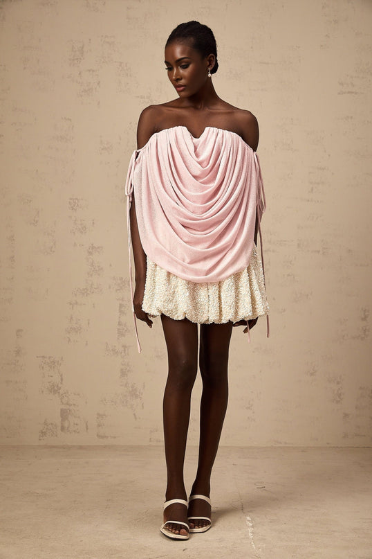 Pasqualina Pink Off-Shoulder Ruched Strapless Top
