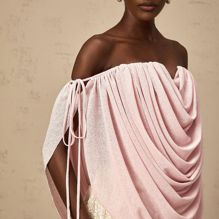 Pasqualina Pink Off-Shoulder Ruched Strapless Top Terylene Fiber