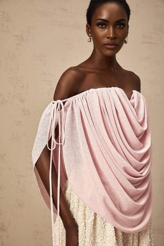 Pasqualina Pink Off-Shoulder Ruched Strapless Top Terylene Fiber