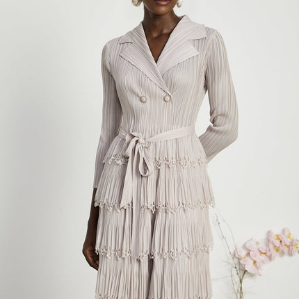 Pasqualina Tiered Pleated Midi Dress in Neutrals