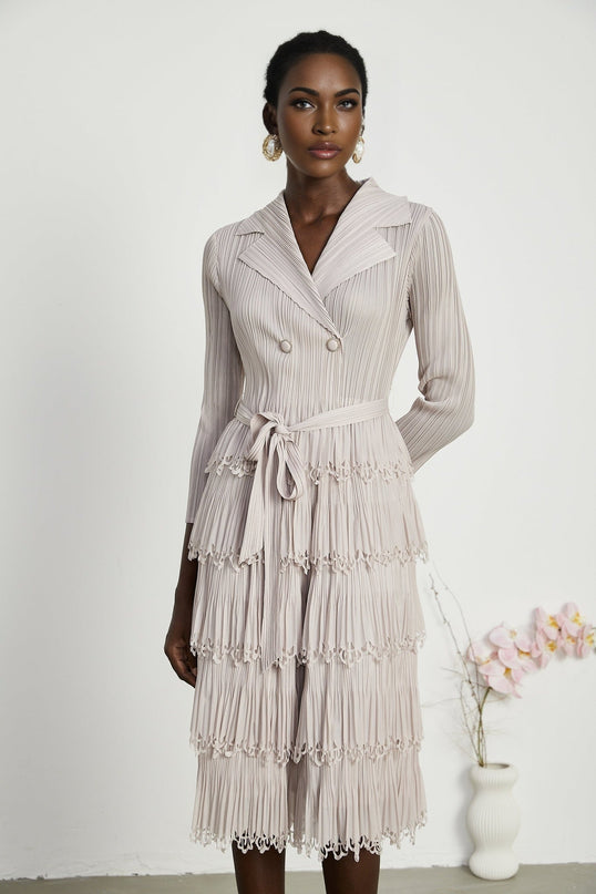 Pasqualina Tiered Pleated Midi Dress in Neutrals