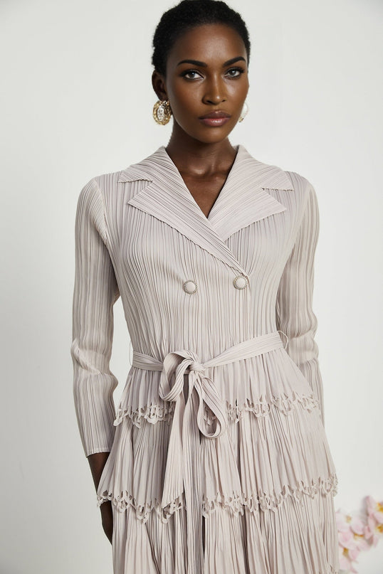 Pasqualina Tiered Pleated Midi Dress in Neutrals