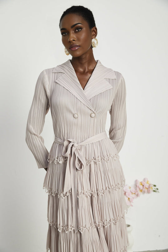 Pasqualina Tiered Pleated Midi Dress in Neutrals