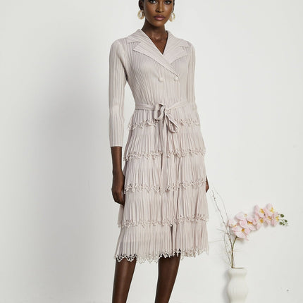Pasqualina Tiered Pleated Midi Dress in Neutrals