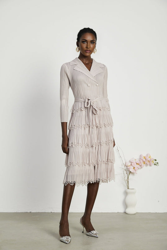 Pasqualina Tiered Pleated Midi Dress in Neutrals