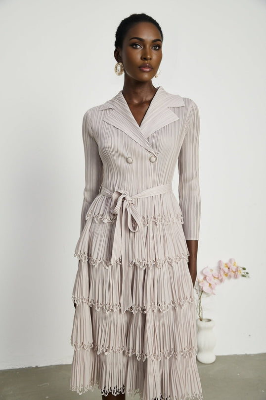 Pasqualina Tiered Pleated Midi Dress Neutrals