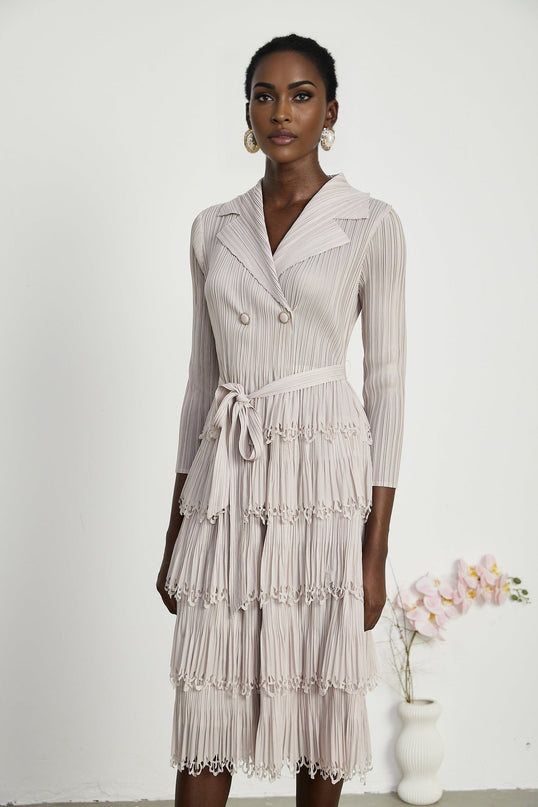 Pasqualina Tiered Pleated Midi Dress Neutrals