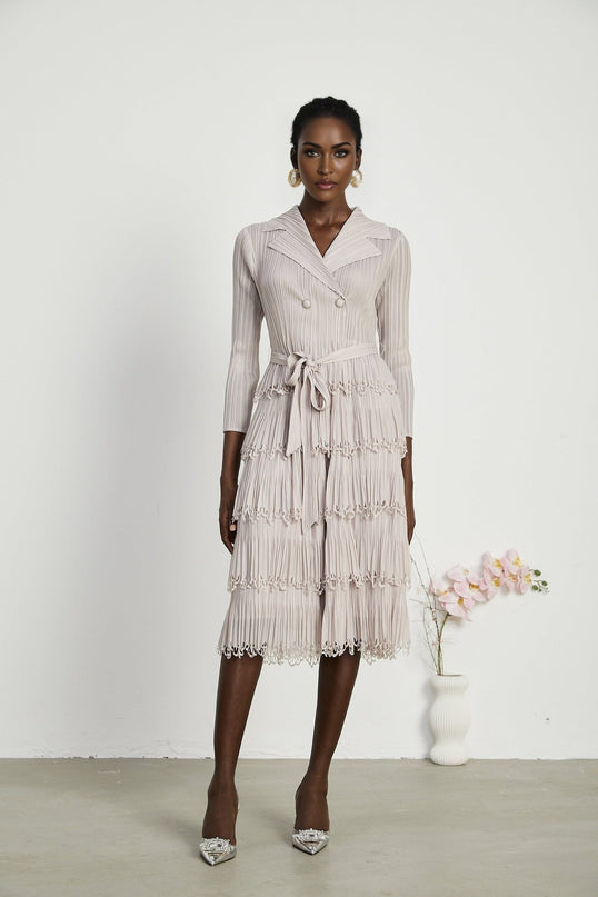 Pasqualina Tiered Pleated Midi Dress Neutrals