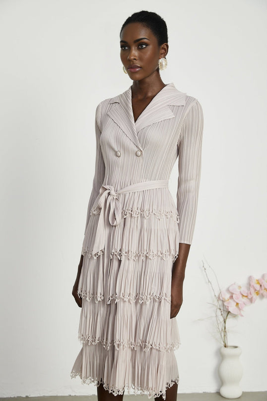 Pasqualina Tiered Pleated Midi Dress in Neutrals