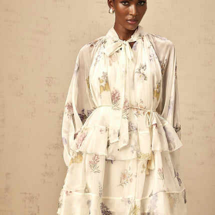 Pasqualina White Chiffon Floral Print Mini Dress with Ribbon Tie-Front and Tie-Neck Detailing