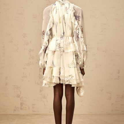 Pasqualina White Floral Chiffon Mini Dress with Tie-Front and Tie-Neck