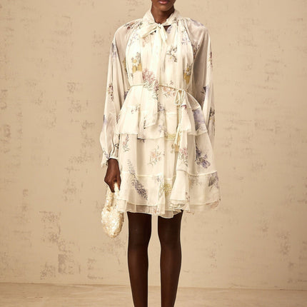 Pasqualina White Floral Chiffon Mini Dress with Ribbon Tie-Front and Tie-Neck Detailing
