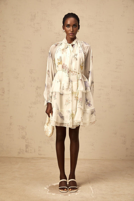 Pasqualina White Floral Chiffon Mini Dress with Ribbon Tie-Front and Tie-Neck Detailing