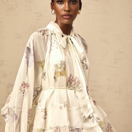 Pasqualina White Floral Chiffon Mini Dress with Ribbon Tie-Front and Tie-Neck Detailing